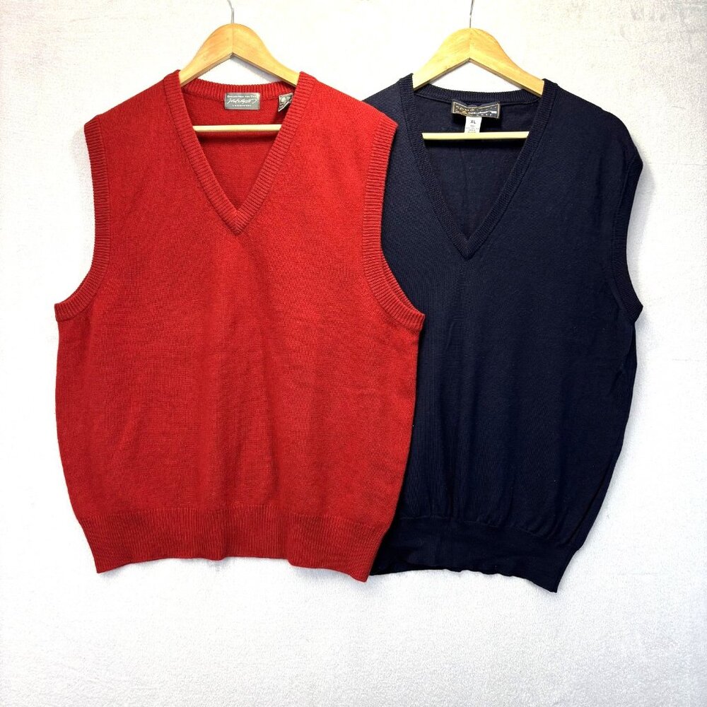 Vintage Lot of 2 Lambswool Merino Wool Sweater Vests Mens XL Red Navy Blue Italy